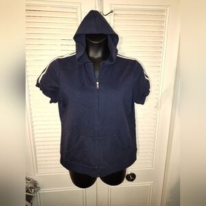 Saint Johns Bay active wear navy blue and white pinstripe zip up hooded shirt L